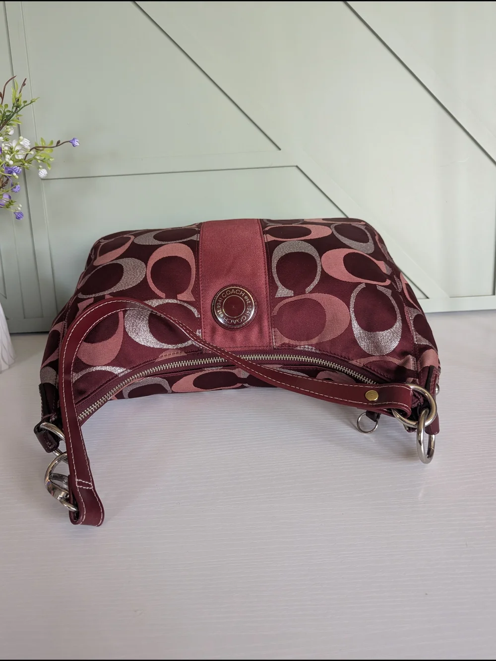 Coach Women's Maroon Signature Hobo Shoulder Bag